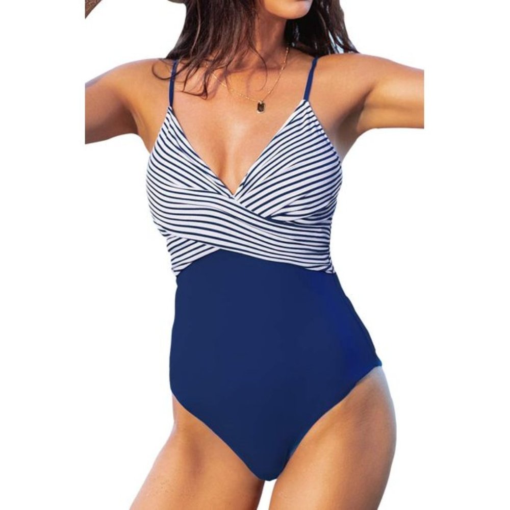 New Cupshe Blue and Stripe One Piece Swimsuit